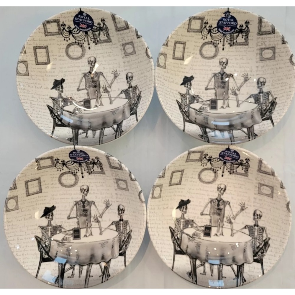 4ct Royal Stafford Halloween Bone Appetite Cereal Bowls Set Skeleton Dining Cafe